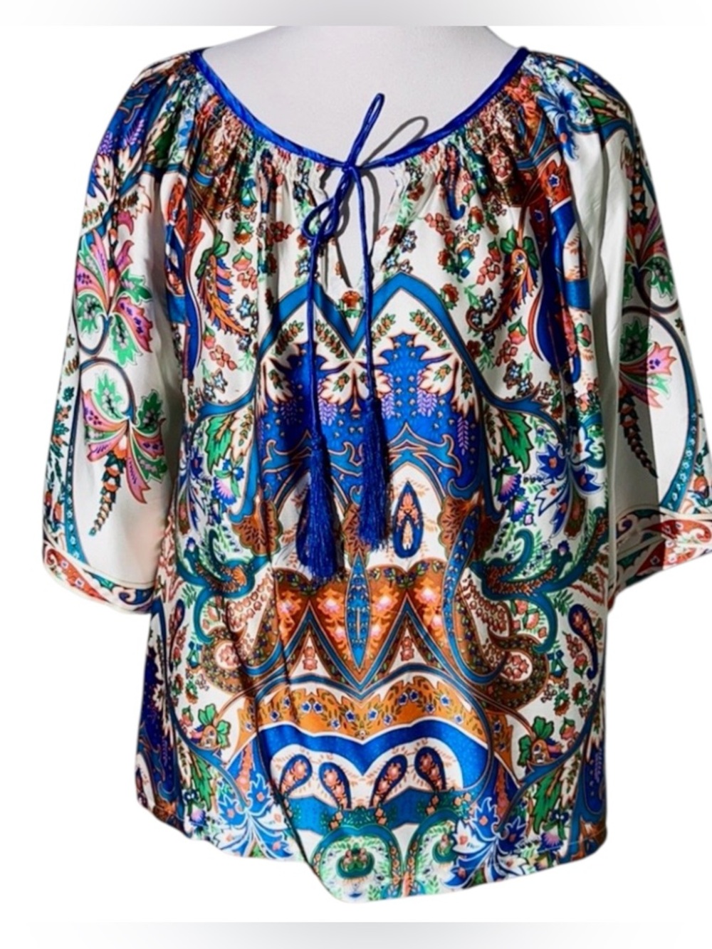 KAS New York Silk Boho Tunic Top Medium Blue Abstract Floral Print Tassel Tie